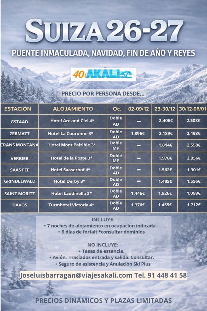 SUIZA ESTE INVIERNO 2026-2027